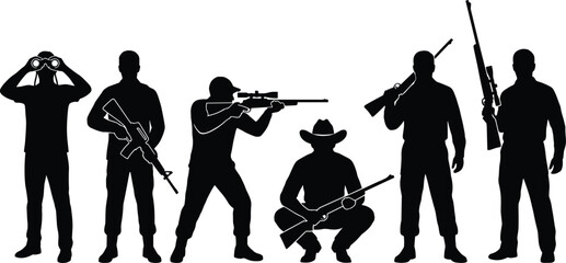 Hunter silhouette collection featuring men with rifles, binoculars and shooting poses, outdoor hunting activity, sport and wildlife adventure concept © Md