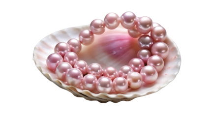 Pink pearl necklace displayed inside a seashell on transparent background