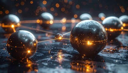 Abstract Spheres Interconnected with Glowing Lines, Futuristic Digital Art.