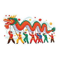 A vibrant cartoon dragon dance performance with a colorful dragon and eight dancers in traditional costumes on a white background, conveying a festive and lively mood with a flat lay