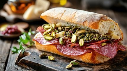 Delicious sandwich with layers of salami, pesto, and pistachios on a rustic wooden board, showcasing vibrant colors and textures, perfect for food enthusiasts and culinary presentations
