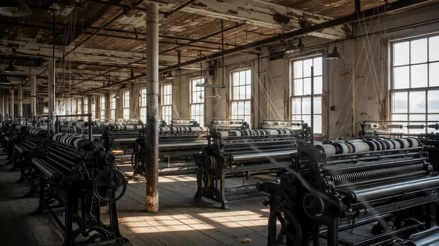 Abandoned textile factory interior with vintage industrial machinery and empty workspace