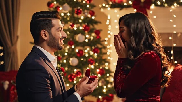 Man proposing marriage to surprised woman with engagement ring near a decorated christmas tree and fireplace