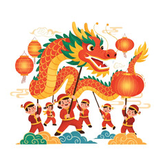 Cartoon illustration of a vibrant dragon and cute children in traditional attire holding lanterns in a lively procession against a clean white background with warm, festive tones.