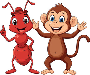 Cute Cartoon Red Ant and Monkey Characters, Happy Insect and Jungle Animal Mascot Vector Illustration for Kids.