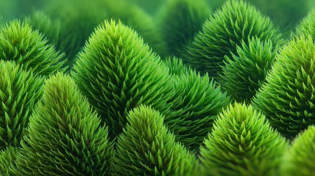 A close-up view of vibrant green moss, showcasing its intricate, needle-like structures and lush texture. - Powered by Adobe