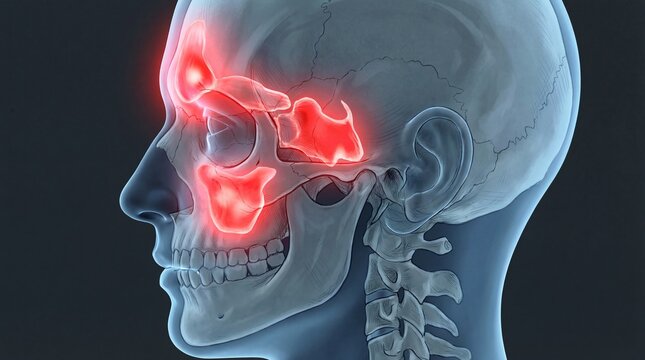 Detailed 3D rendering of a human skull showing highlighted facial bones and sinuses