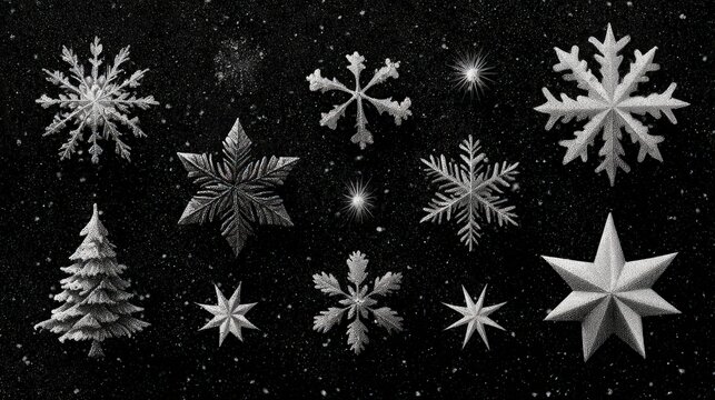 White snowflakes and stars set on a transparent background for winter and holiday design projects and decorations