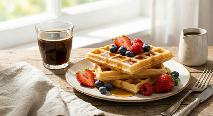 Fresh waffles with syrup and berries next to black coffee glass, breakfast concept