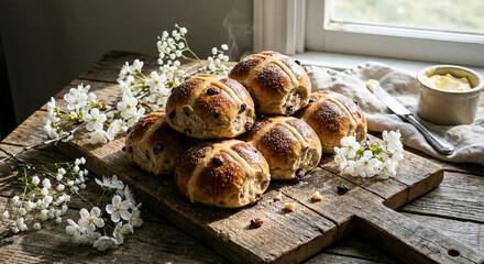 Fresh hot cross buns with raisins on wooden board, traditional easter food concept