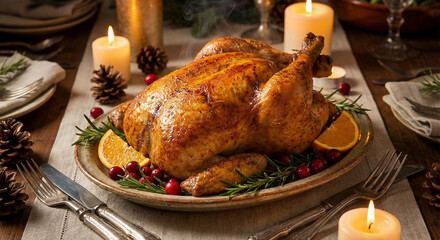 Golden roasted chicken with cranberries on festive table, christmas holiday dinner feast