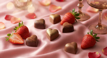 Heart shaped chocolates and fresh strawberries on pink silk, valentine day dessert