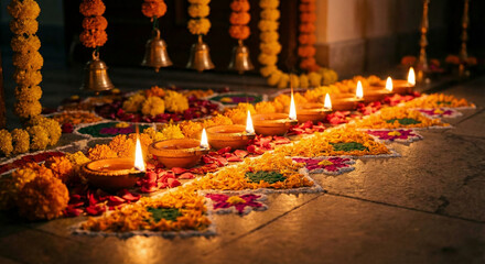 Lit clay diya lamps on flower rangoli, diwali festival of lights celebration