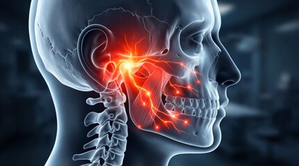 Detailed 3D medical illustration of a human skull with highlighted jaw pain in a clinical environment
