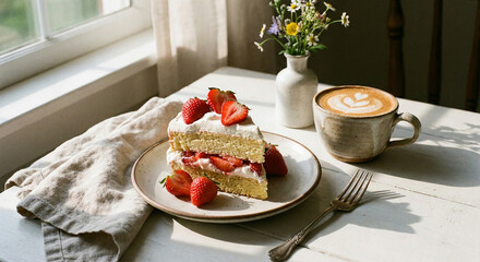 Slice of strawberry shortcake with cappuccino coffee cup on white table, afternoon tea