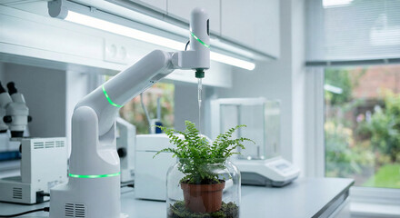 White robotic arm watering small green plant, automation technology and agriculture