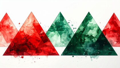 Abstract Watercolor Triangles in Red and Green on White Background, Geometric Art.