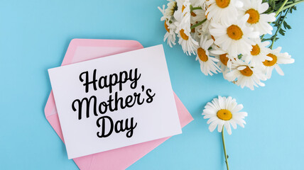 Happy mother's day greeting with daisies and pink envelope