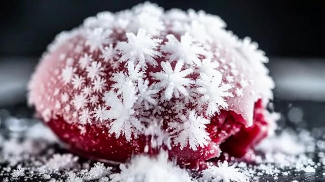 Frost forming on the surface of a frozen sorbet quenelle, time-lapse.