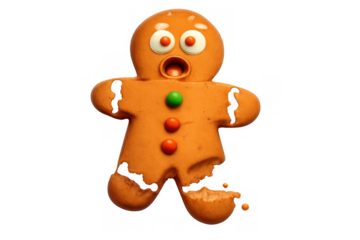 Gingerbread man screaming, broken cookie losing a leg, showing concept of fear, pain, and destruction with transparent background