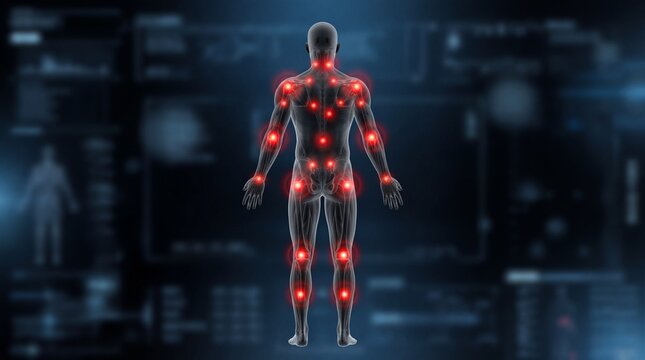 Detailed medical anatomy illustration of human body with highlighted organs and systems in a futuristic digital environment - Powered by Adobe