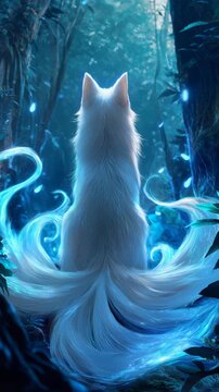 Mystical white nine tailed kitsune fox sitting serene in magical forest, its ethereal spirit emanating calm, mysterious light from glowing blue tail in dark woods