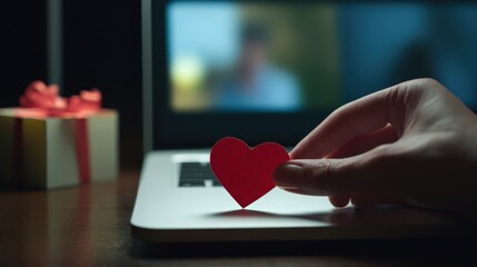Hand Placing Heart Cutout on Laptop Near Gift