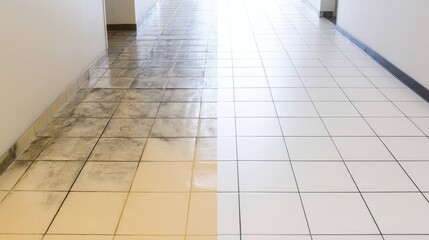 Dirty and Clean Tile Floor Cleaning Comparison in Hallway