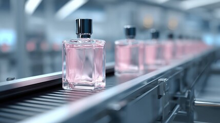 pink Perfume Bottles on Modern Factory Conveyor Line