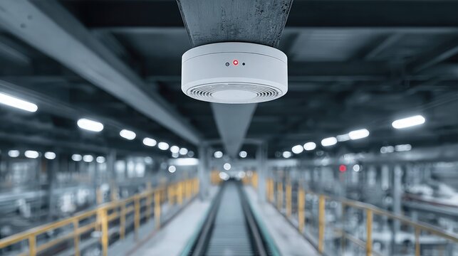 Industrial Smoke Detector Installed on Modern Factory Ceiling