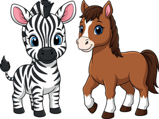 Cute Cartoon Baby Zebra and Horse Pony Characters Standing Together, Happy Animal Friends Mascot Vector Illustration for Kids. © tofajjol studio