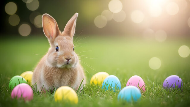 Happy easter sunday with easter bunny and colorful eggs in grass