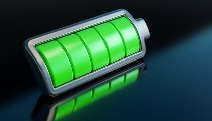 3D physical object shaped like a battery level icon with glowing green interior on a reflective surface, representing energy, power status, and modern technology concept.