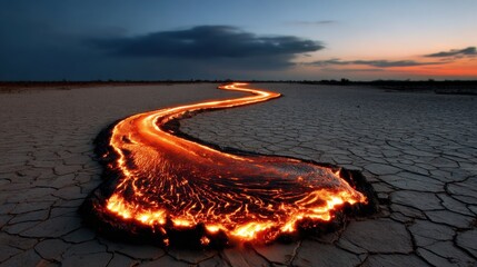 Flowing lava creates a winding path through cracked earth during sunset near a volcanic landscape