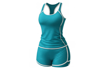 Teal sportswear ensemble with racerback tank top and athletic shorts, ideal for women's fitness and activewear concepts