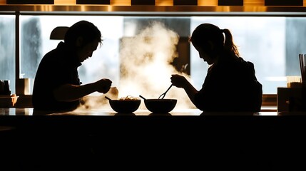 Couple enjoying steaming bowls of noodles in a cozy restaurant setting