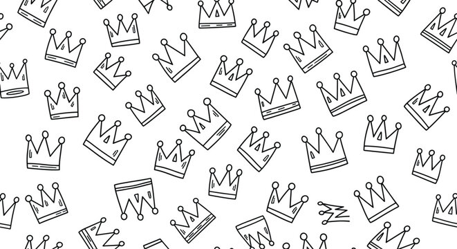 Playful seamless pattern of hand-drawn doodle crowns in black line art, scattered randomly on a clean white background.