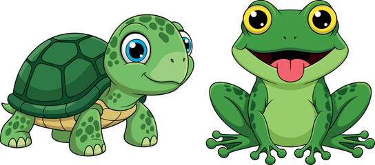 Cute cartoon vector illustration of a friendly green turtle and a cheerful frog sticking out its tongue, perfect for children's designs, nature, and reptile-themed educational materials.