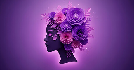 Vibrant purple silhouette of woman's head with floral arrangement