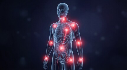 Detailed view of human body anatomy highlighting internal organs and skeletal structure with glowing red points indicating key areas