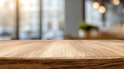 smooth light oak table with bright blurred office background