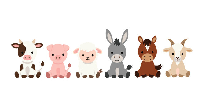 Collection of cute farm animal characters including a cow, pig, sheep, donkey, horse, and goat sitting in a neat row.