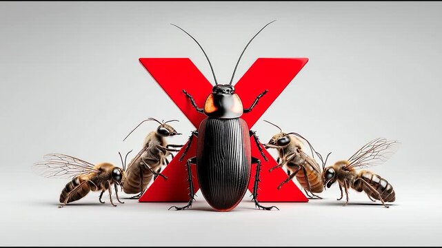 Cockroach surrounded by bees with red X in background, pest control and insect repellent concept on white backdrop