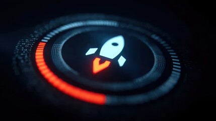 Innovation focused idea creation concept showing a digital interface with rocket symbols guiding a new product launch journey from initial concept to final execution