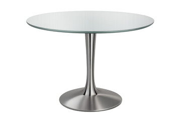 Round glass table with polished metal pedestal base, dining or coffee furniture design element on transparent background