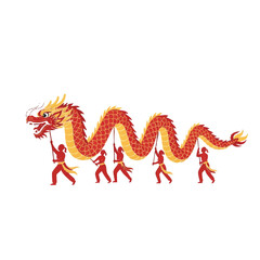 A vibrant cartoon dragon with red and yellow scales is carried by four dancing people in a playful scene with a white background, conveying a cute and festive mood.