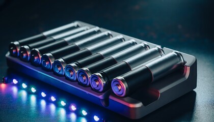 Rechargeable batteries neatly arranged in a dedicated charger with neon LED light glow, showcasing modern power management, energy efficiency, and clean technology concept.