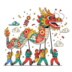 A colorful cartoon dragon dance performance with a vibrant dragon and six dancers in traditional attire, surrounded by festive confetti and fireworks against a clean white background with a
