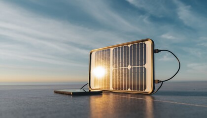 Small portable solar panel charging a device in a clean outdoor setting, sunlight hitting the panels, showcasing renewable energy, sustainability, and modern eco technology.