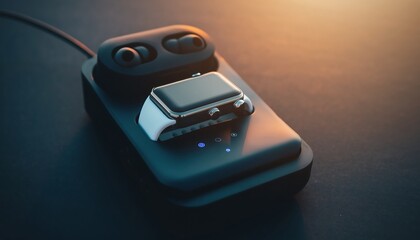 Smartwatch and wireless earbuds placed on a multi-device charging dock with glowing LED indicators, clean lifestyle setup highlighting modern smart technology and organized charging solution.